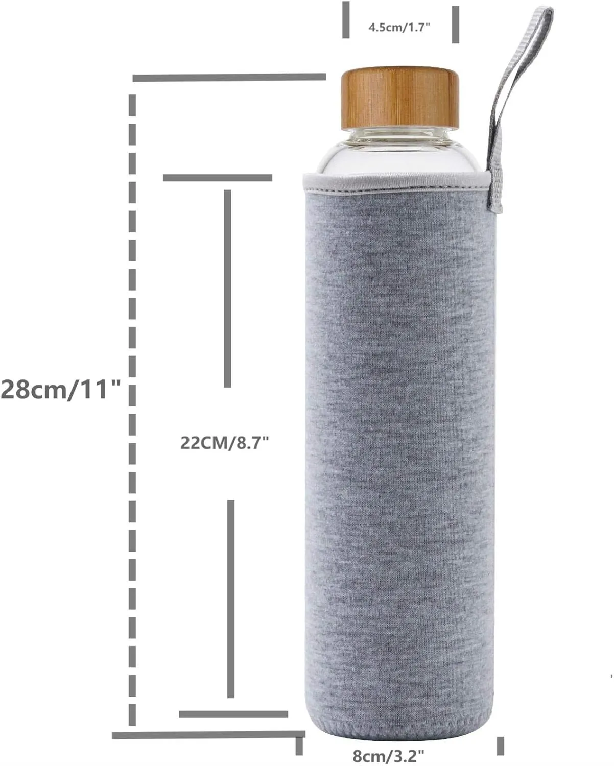 sunkey 32 oz Glass Water Bottle with Time Marker Bamboo Lid Neoprene Sleeve for to Go Travel Gym Home Reusable Eco Friendly Bpa Free (Gray)