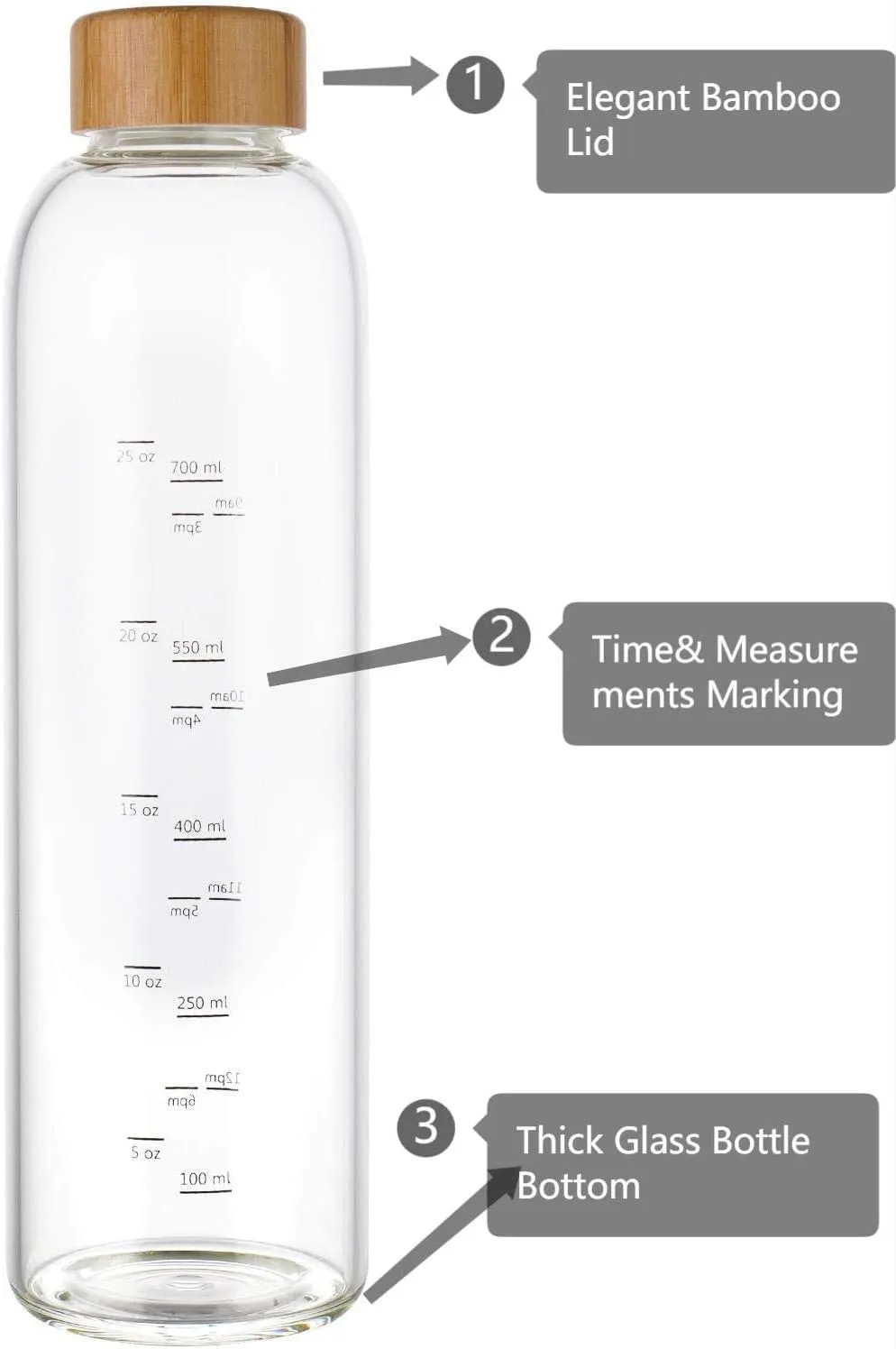 sunkey 32 oz Glass Water Bottle with Time Marker Bamboo Lid Neoprene Sleeve for to Go Travel Gym Home Reusable Eco Friendly Bpa Free (Gray)