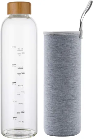 sunkey 32 oz Glass Water Bottle with Time Marker Bamboo Lid Neoprene Sleeve for to Go Travel Gym Home Reusable Eco Friendly Bpa Free (Gray)