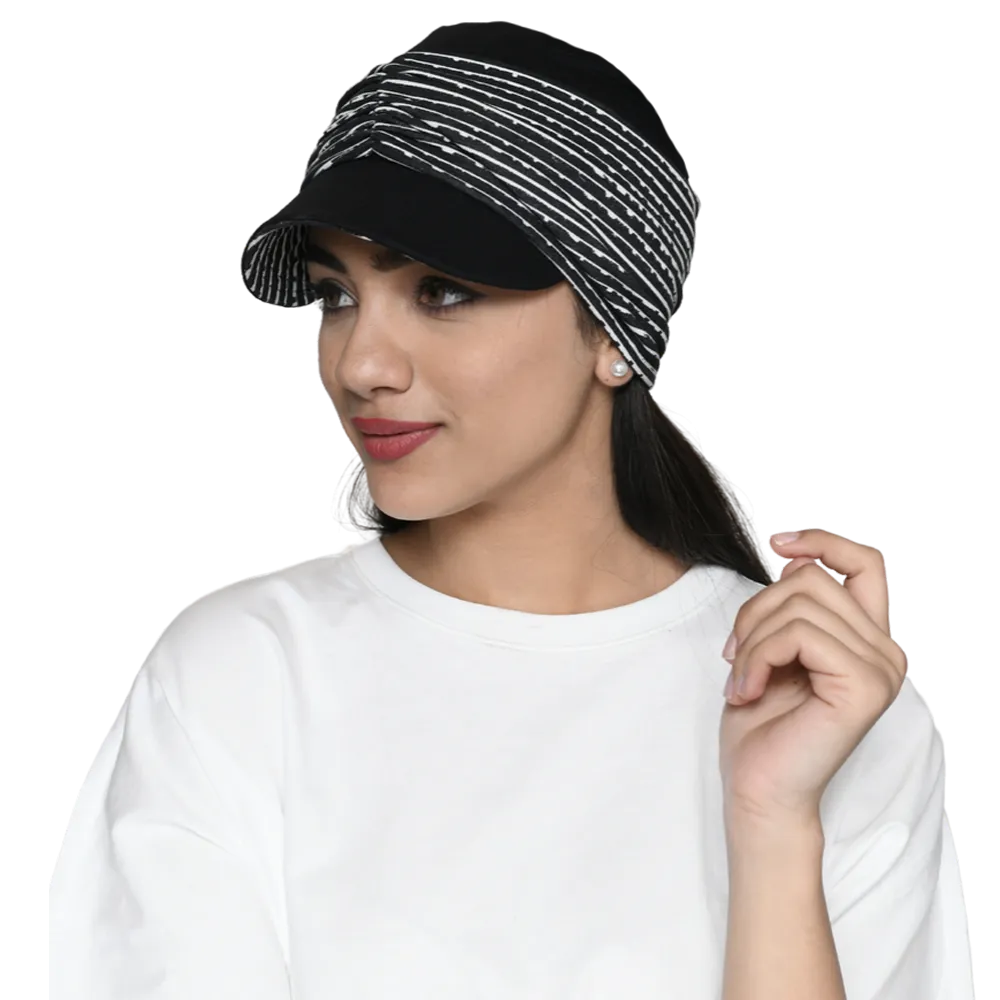 The Headscarves Bamboo Viscose NewBoys Reversible Cap with Printed Gathered Band for Women Black