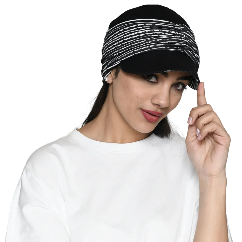 The Headscarves Bamboo Viscose NewBoys Reversible Cap with Printed Gathered Band for Women Black