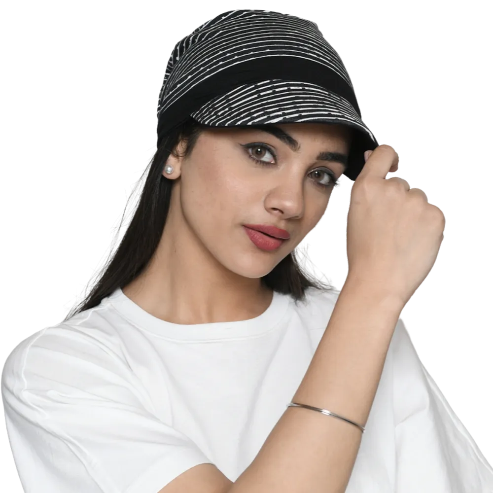 The Headscarves Bamboo Viscose NewBoys Reversible Cap with Printed Gathered Band for Women Black