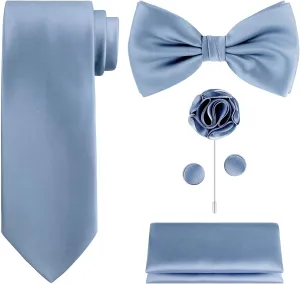 TIE G 5pcs Tie Set in Gift BOX WHITE OR BLACK: Solid Color Necktie, Satin Bow Tie, Pocket Square, Lapel, Cuff Links