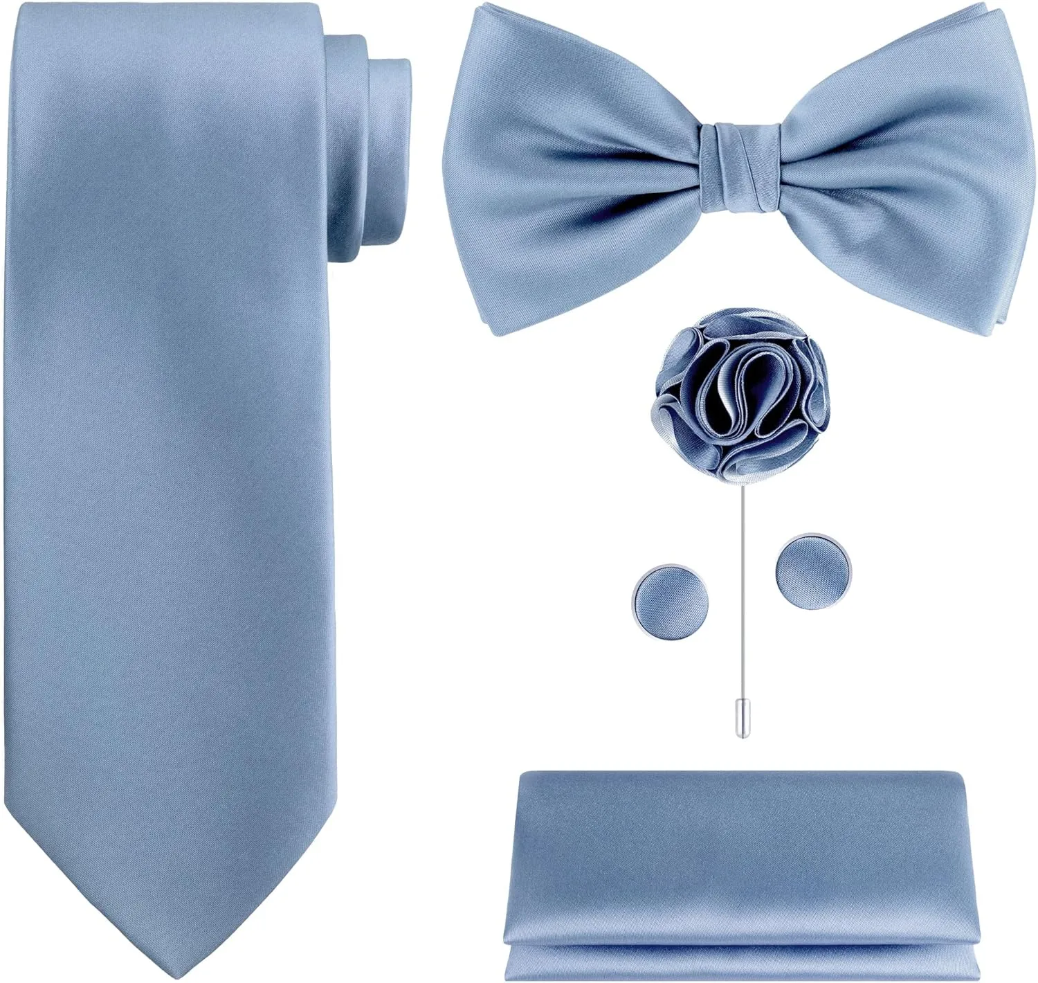TIE G 5pcs Tie Set in Gift BOX WHITE OR BLACK: Solid Color Necktie, Satin Bow Tie, Pocket Square, Lapel, Cuff Links