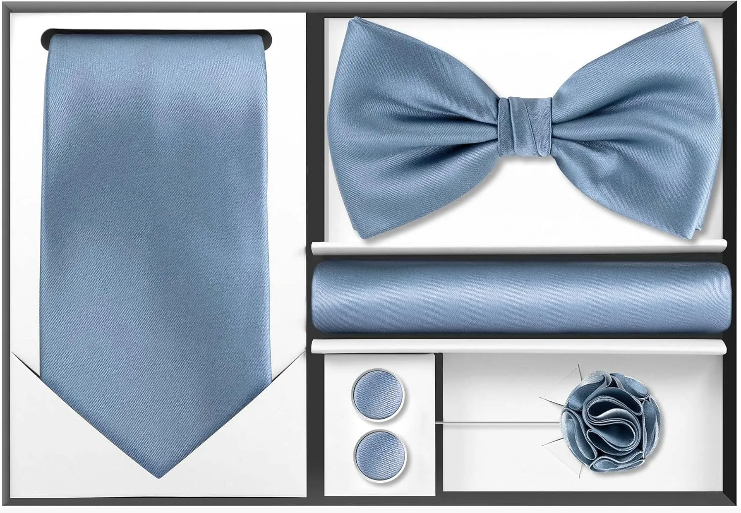 TIE G 5pcs Tie Set in Gift BOX WHITE OR BLACK: Solid Color Necktie, Satin Bow Tie, Pocket Square, Lapel, Cuff Links