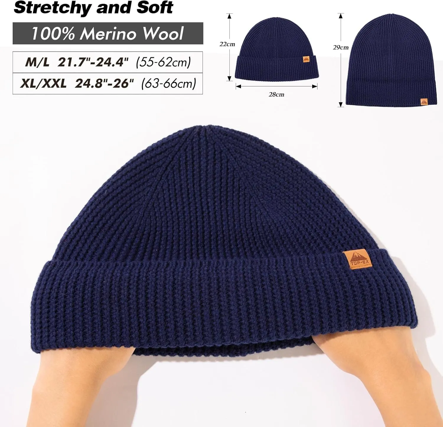 TOP-EX XL/XXL 100% Merino Wool Cuffed Beanie Hat for Men & Women, Warm Knitted Winter Hats 55-66CM