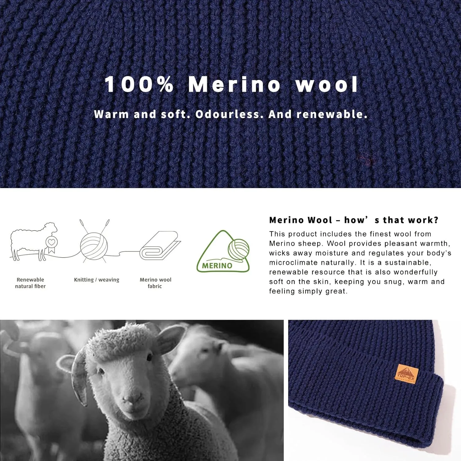 TOP-EX XL/XXL 100% Merino Wool Cuffed Beanie Hat for Men & Women, Warm Knitted Winter Hats 55-66CM