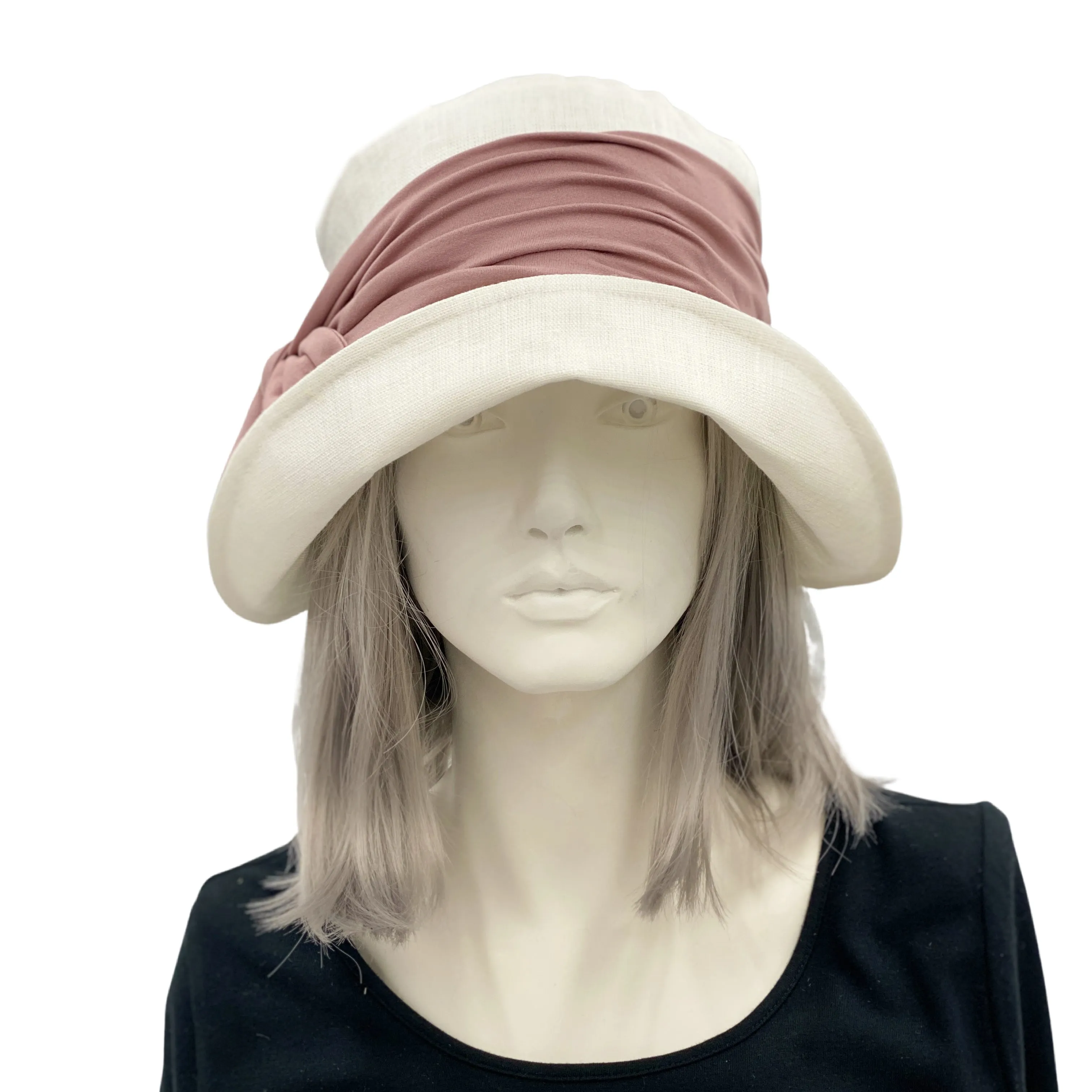 Women's 1920's Style Cloche Hat in Linen with Dusky Pink Hat Band | The Eleanor