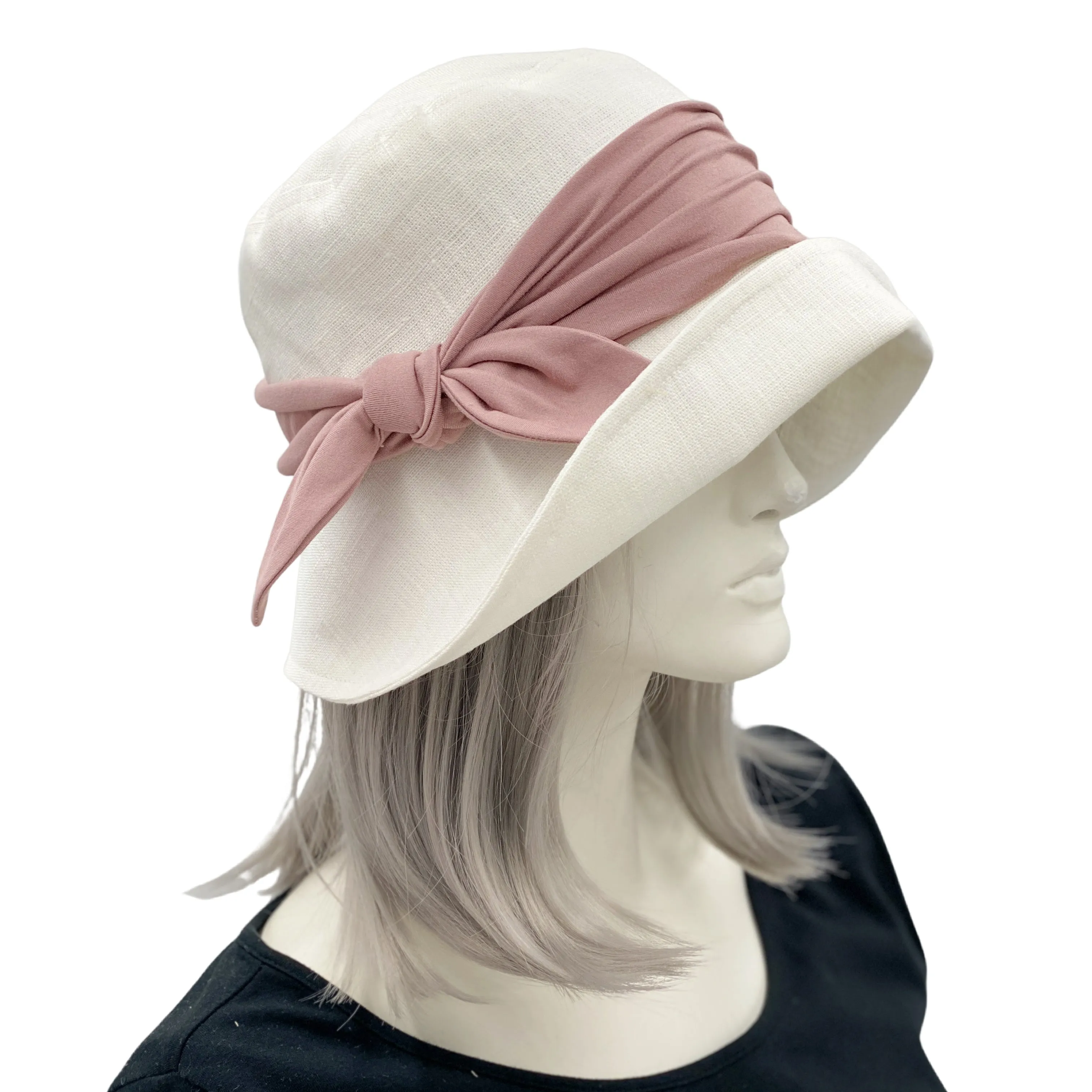 Women's 1920's Style Cloche Hat in Linen with Dusky Pink Hat Band | The Eleanor